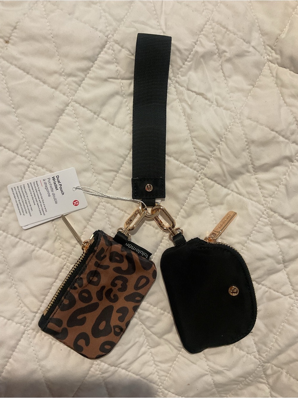 lululemon athletica Black Strap Wristlet with Brown Leopard Pouches